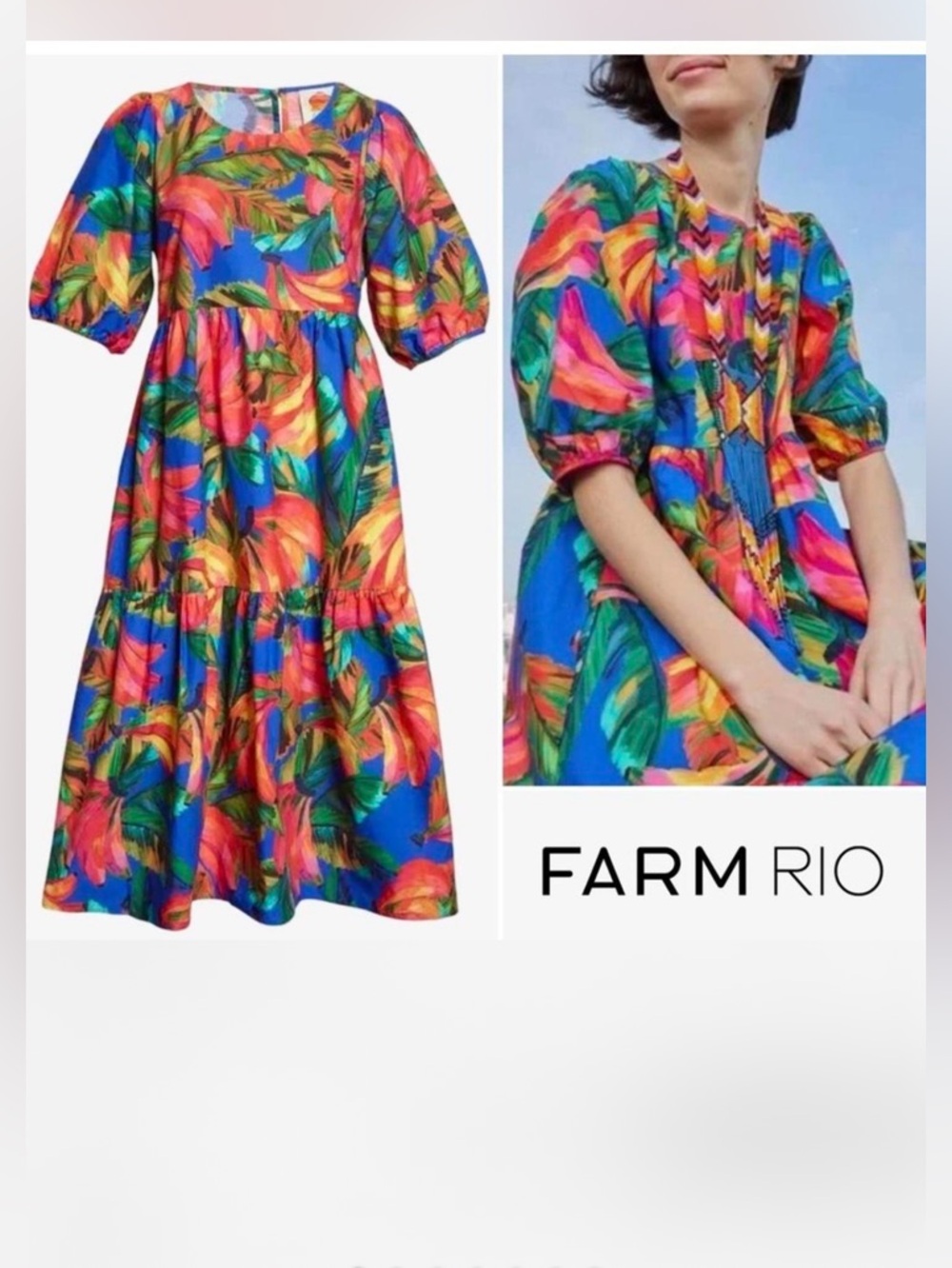 NWT Farm Rio Banana Mix Tropical Print Puff Sleeve Midi Dress - Blue Multi - Picture 6 of 11